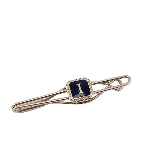 Initial I Tie Clip Blue Enamel Silver Tone Tie Clip Vintage - Picture 6 of 8